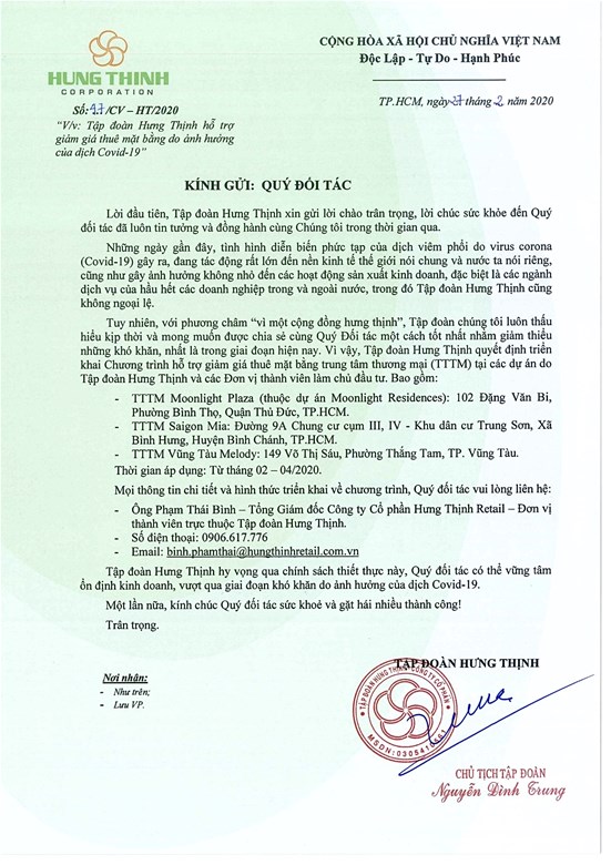 Công văn hỗ trợ giảm giá thuê mặt bằng cho các đối tác của Tập đoàn Hưng Thịnh