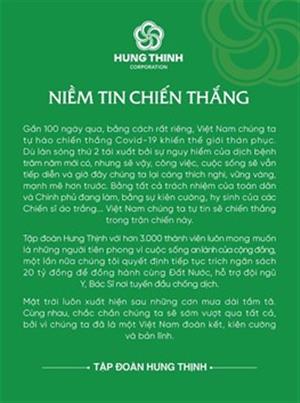 Tập đoàn Hưng Thịnh tiếp tục trích ngân sách 20 tỉ đồng ủng hộ hoạt động phòng, chống Covid-19